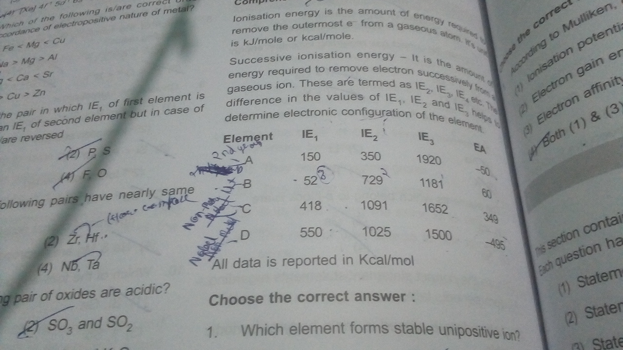 Question image for Out of c and d which is non metal and which is Nob